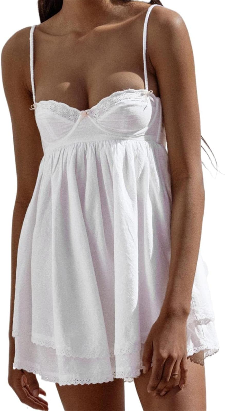 AlyweatryWomen Chic Vintage Lace Cute Fairy Dress Sleeveless Spaghetti Strap Aesthetic Mini Dress