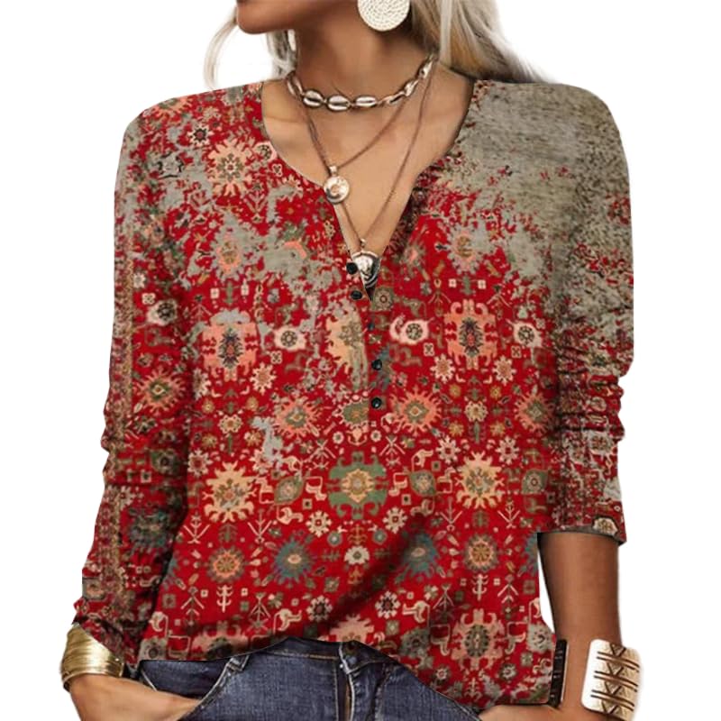 Akivide Womens Boho Floral Print Long Sleeve V Neck Button Front Casual Blouse Vintage Ethnic Shirt Tunic Tops