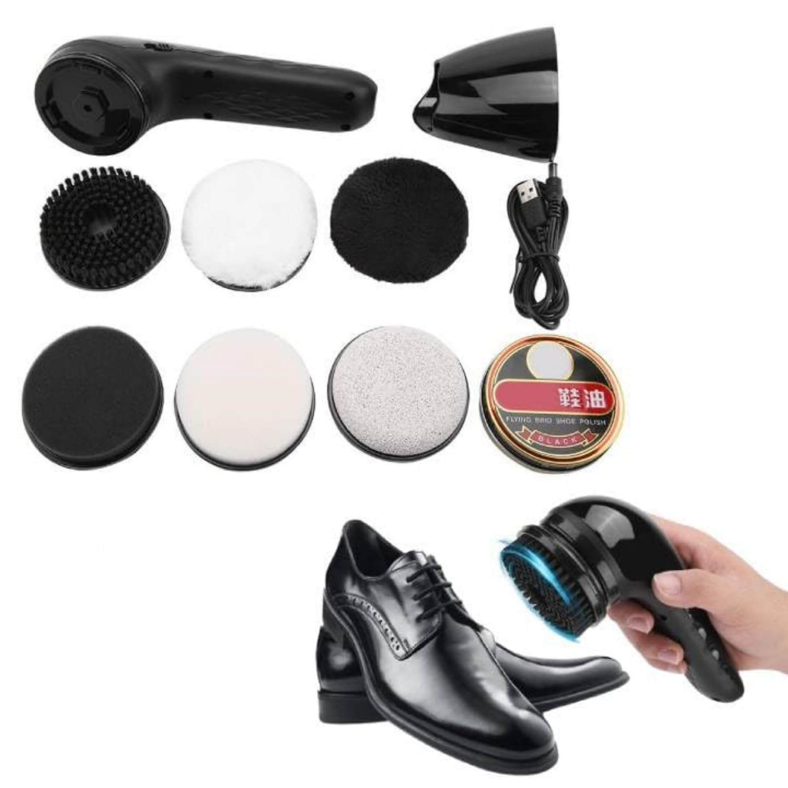 Kit lustrascarpe elettrico, Lucidatore per Scarpe Elettrico, Lucidatrice per scarpe in pelle multifunzionale portatile con spazzola elettrica ricaricabile tramite USB per scarpe, borse, divani