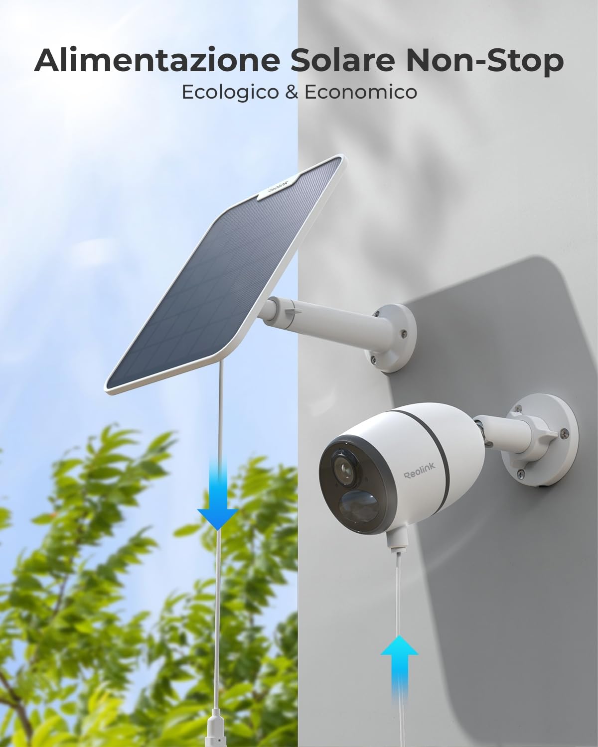 Reolink Pannello Solare(Bianco) per Telecamera Esterno Batteria Senza Fili | Argus Serie e Reolink Go/Go PT Serie, Energia Solare Continua, Impermeabilità, Montaggio Regolabile (con Cavo di 4 Metri)