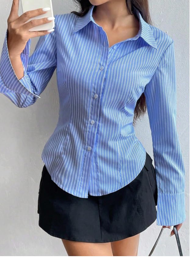 Image of Women Shirt||Women Relaxed Fit Vertical Striped Spread Collar Cotton Casual Shirt (S-12-19)