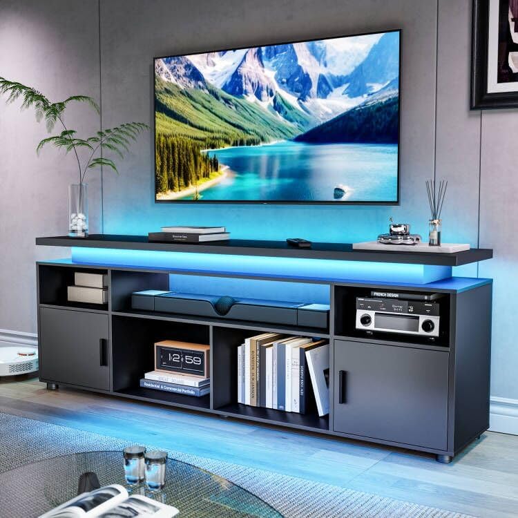 SUNCOZE TV Stand, Entertainment Center with LED Lights and Cabinet for 70/75/80 Inch TV, Modern TV Console Gaming Media Television Stands with Power Outlets for PS5 in Living Room and Bedroom, Black