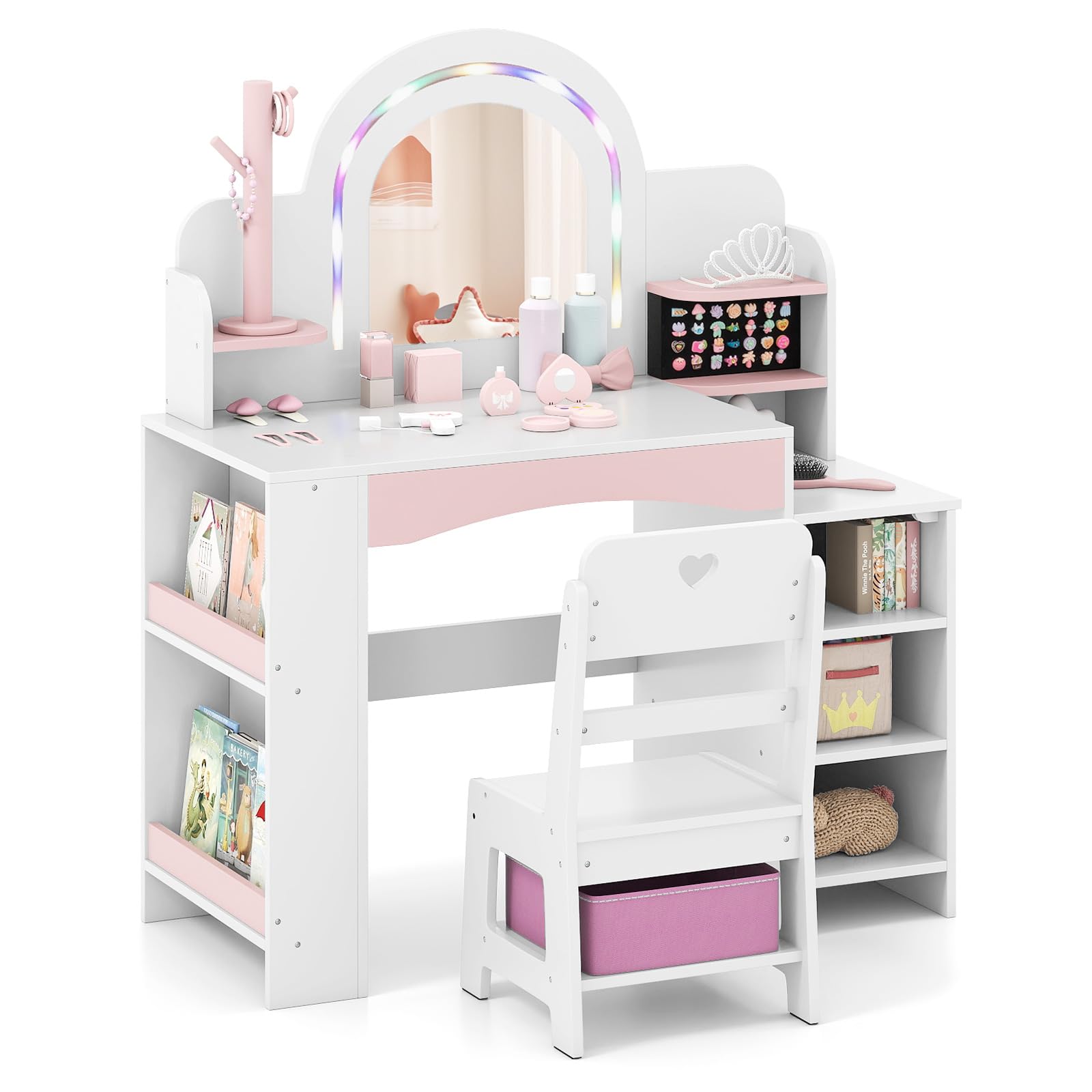 HONEY JOY Kids Vanity, Wooden Girls Vanity Set with Lighted Mirror &amp; Open Bookshelf, Ring Slot &amp; Jewelry Storage, Toddler Makeup Vanity Desk Dressing Table, Kids Vanity Table and Chair Set (White)