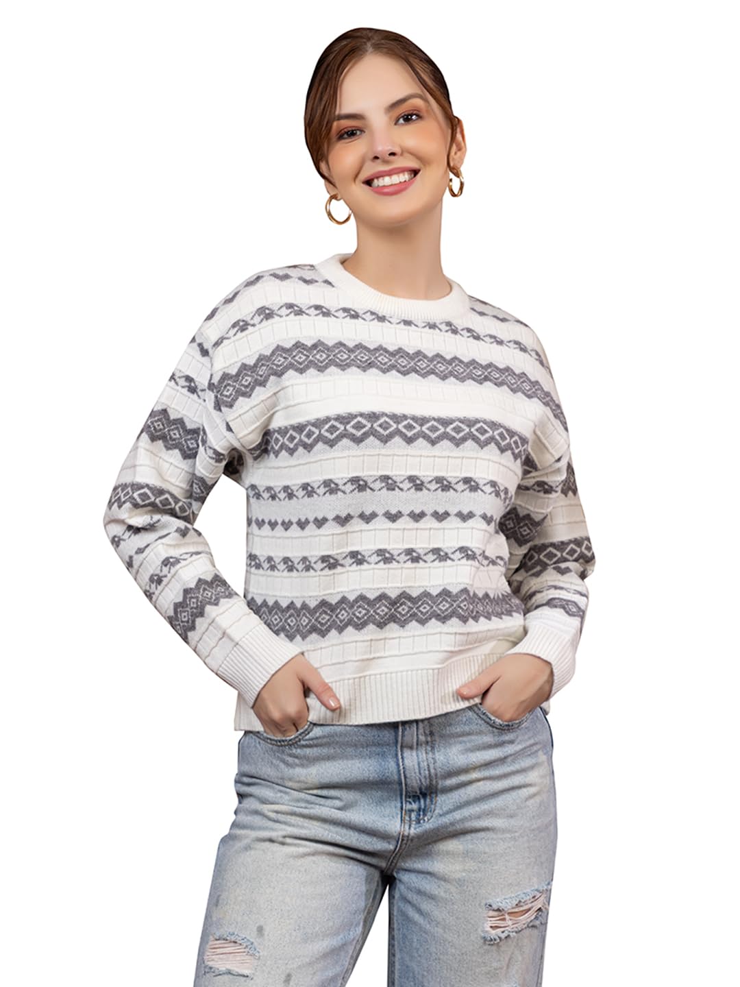 swaaglok - style that speaks Women’s Wool Blend Pullover Sweater | Long Sleeve Crew Neck Knitwear with Geometric Pattern | Warm Winter Casual Top for Cold Weather-picture-17
