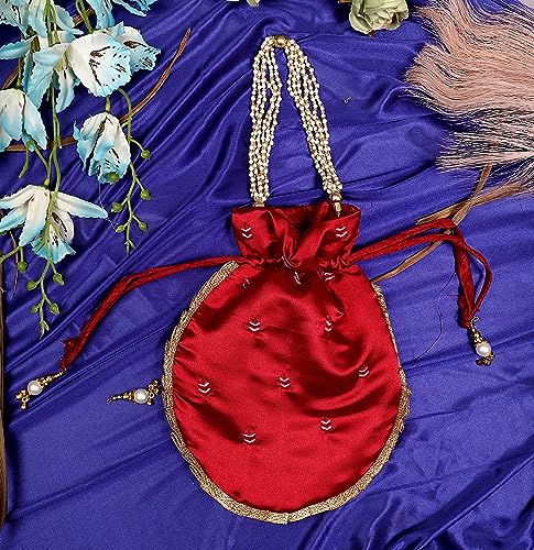 GLAMHUB Q-One Embellished Silk Potli Bag with Protective Bag, Handbag, Wristlets, Clutch for Women, Girls with Handmade Embroidery, Beads Work for Parties, Weddings - Image 3