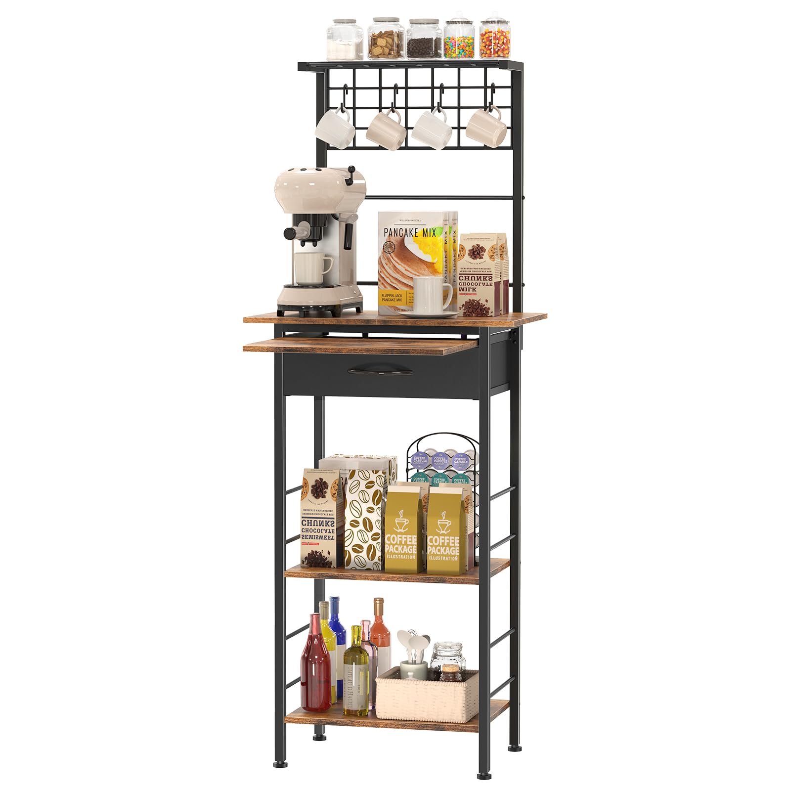Estación de barra de café, soporte de café de 5 niveles con cajones de almacenamiento organizadores, gabinete de esquina de cocina con 4 ganchos en forma de S y madera doble, estante de cocina para