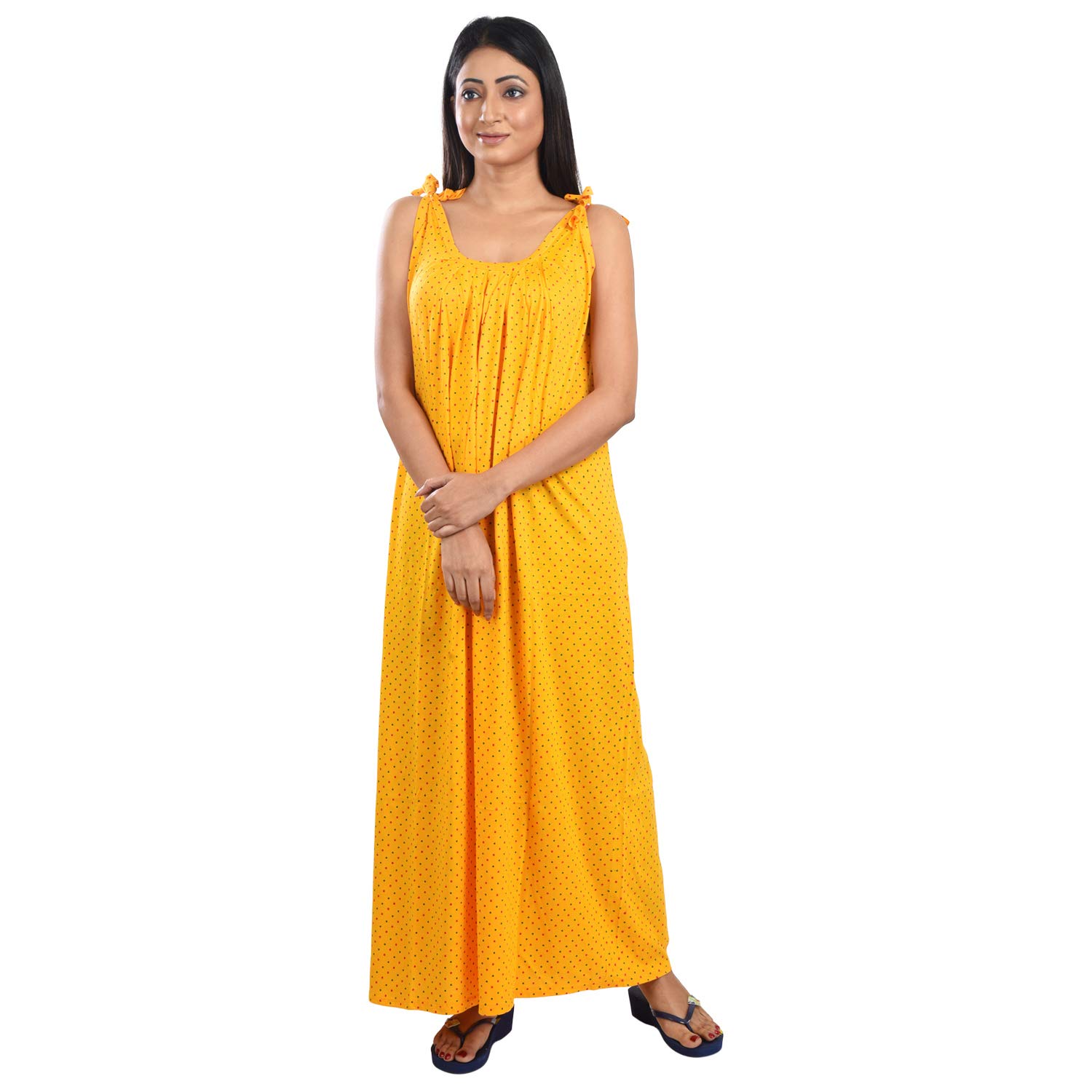 Pure Cotton Made Printed Square Neck Sleeveless Maxi Nighty -PCW0000937-Yellow, Medium-image-17
