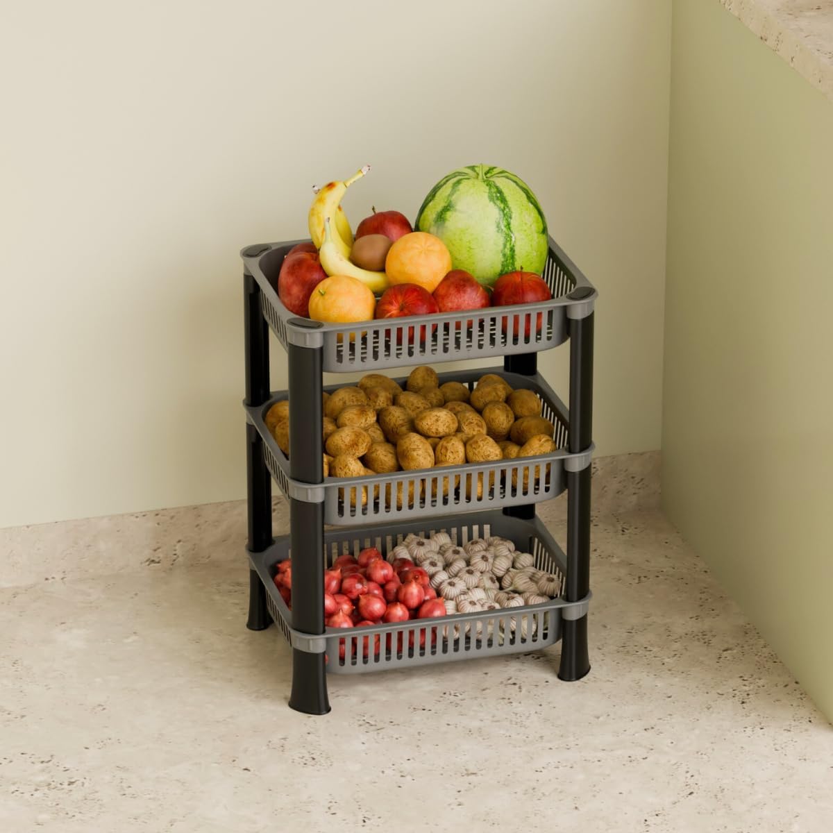 Multipurpose Plastic Storage Rack for Kitchen, Onion Potato Sabji, Fruit Corner Stand Basket, Folding Countertop Organizer Cart, Trolley (3 Layer, Silver)