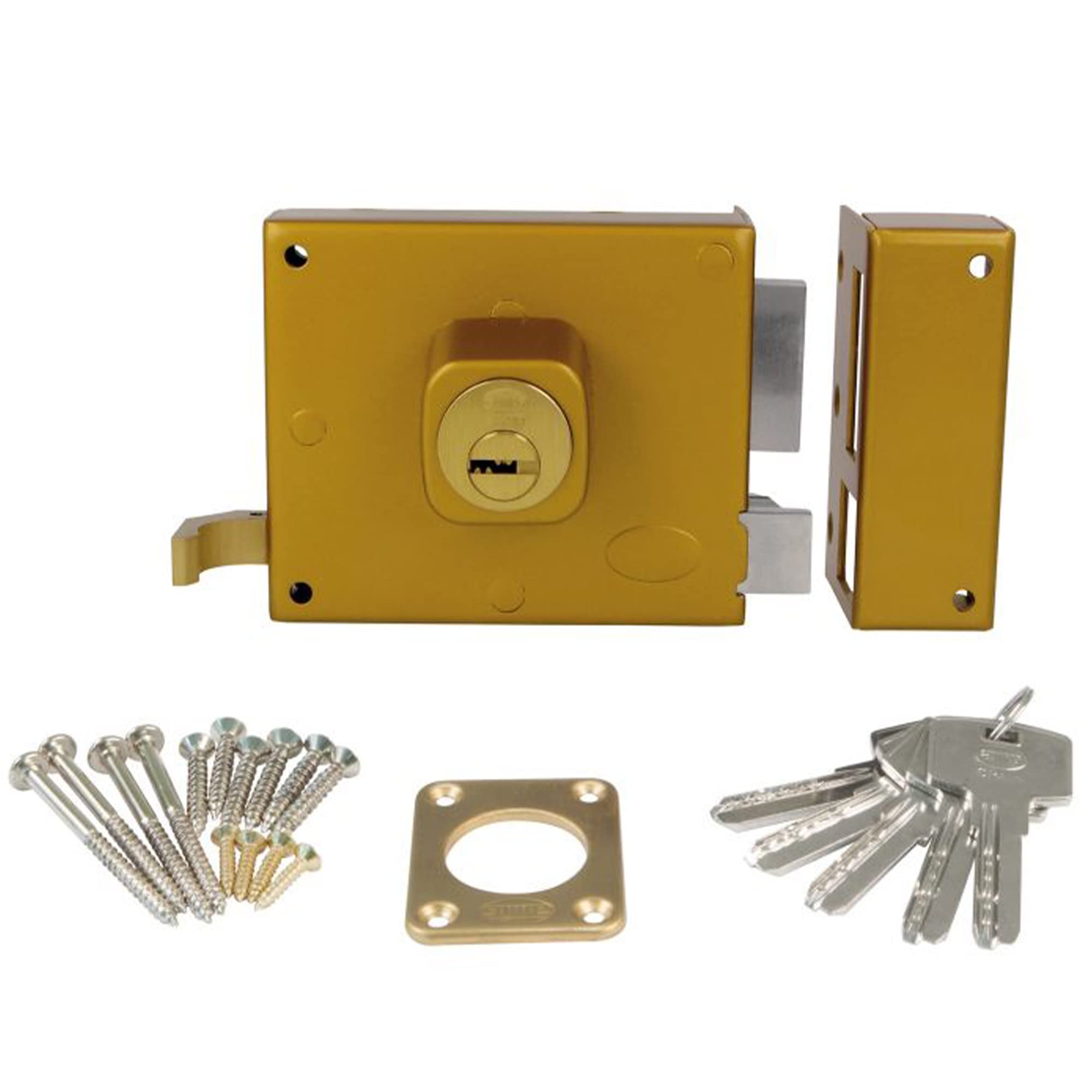 Amig - Cerradura de Sobreponer de Derecha con Palanca de Cierre, Lengüeta y Tirador para Puertas de Madera Mod. 72-100 x 85 mm - Pestillo Con Cilindro Redondo - Acero Esmaltado Oro