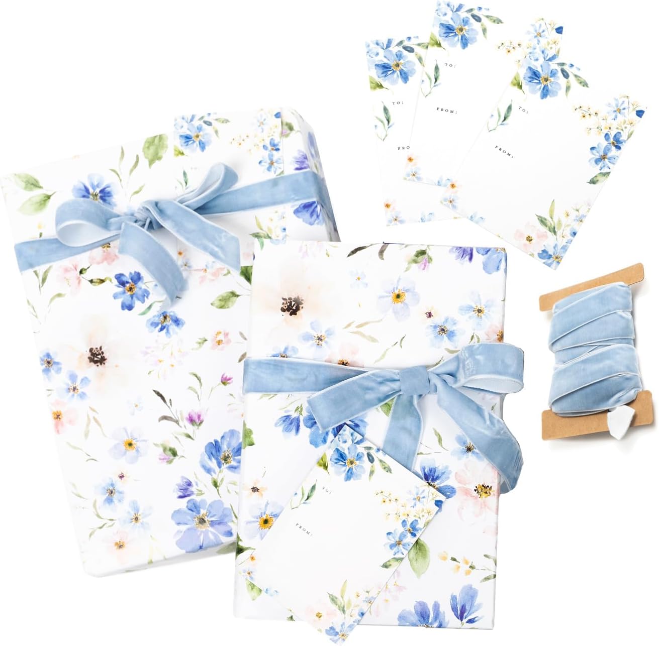 Itsy Belle Studio Bue Floral Wrapping Paper and Ribbon Set with Tags - Blue Bridal Shower Gift Wrap with velvet ribbon image 2