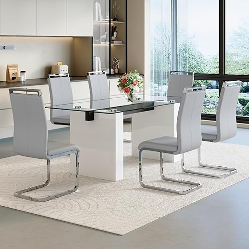 Miniatura 14 de FURNITO Juego de mesa de comedor de cristal para 6, mesa de cocina moderna y sillas para mesa de comedor de vidrio de 6.71 pulgadas con 6 sillas de