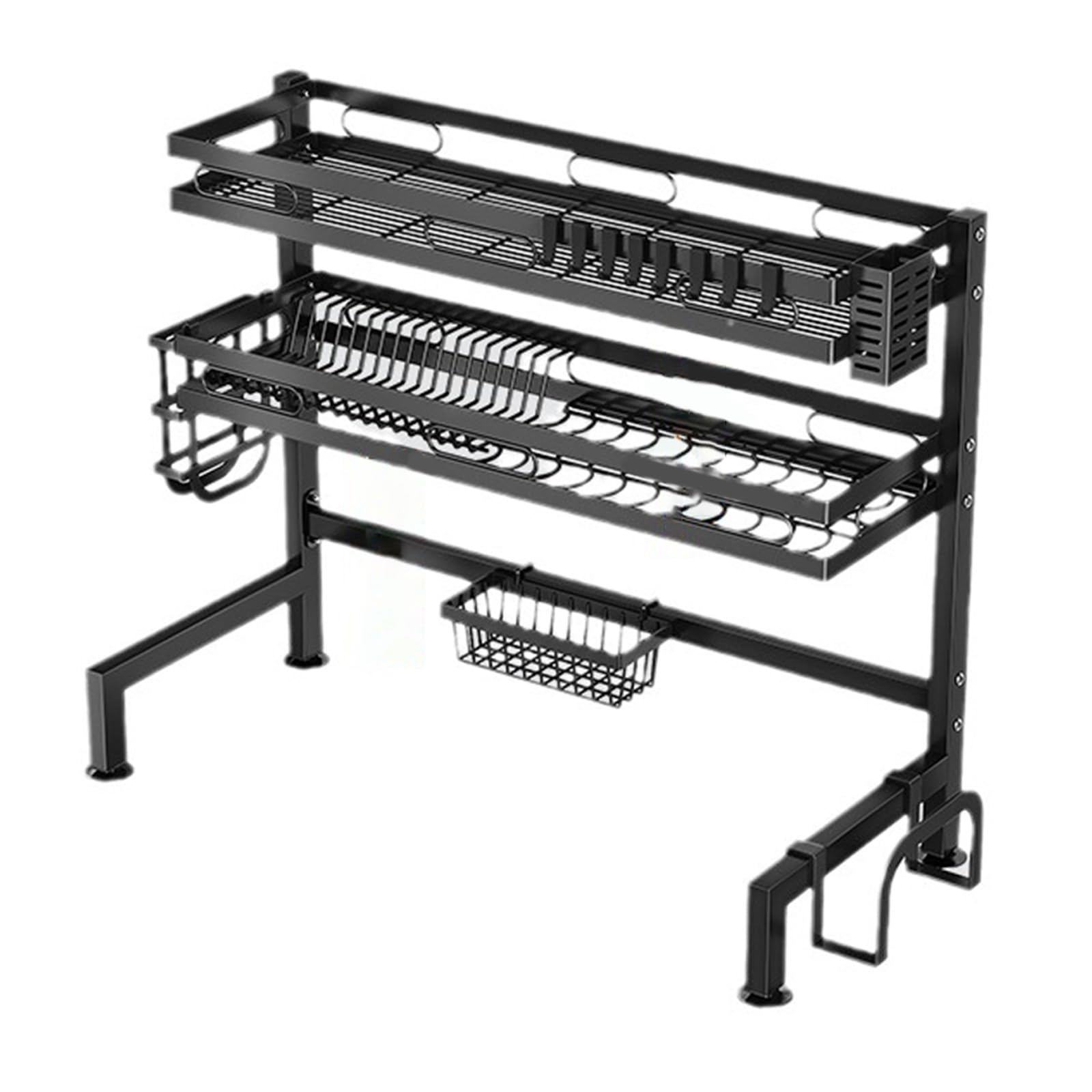 SANON Over The Sink Dish Drainer Rack, Space-Saving Dish Drainer Large Capacity Carbon Steel Dish Drying Rack for Dishes Bowls Utensils for Kitchen Counter, Black