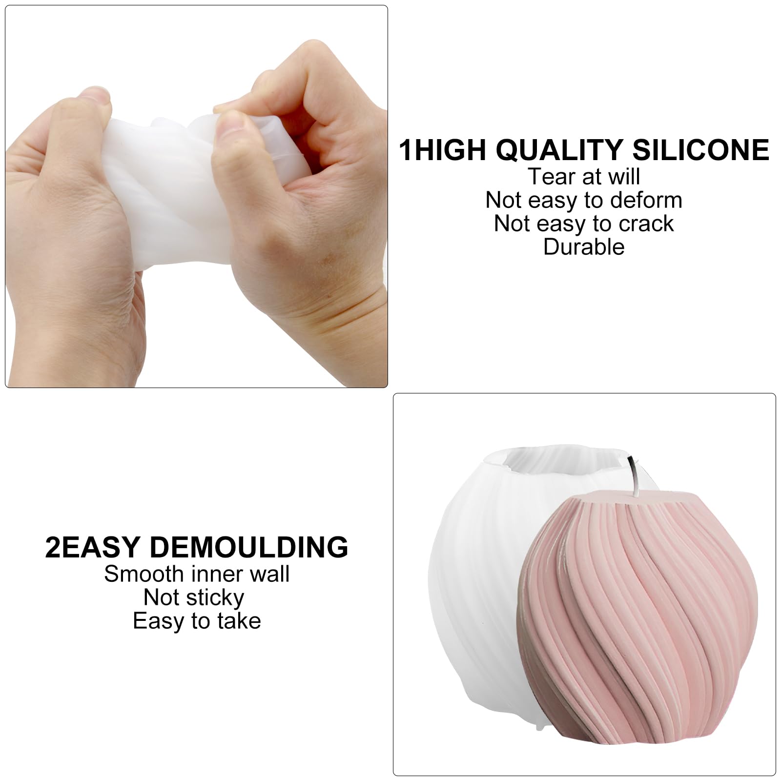 Lot De 3 Moules Silicone 3D Irréguliers Pour Bougies Parfumées - Sphères Spirales, Résine Époxy, DIY Artisanal Avec 30 Mèches