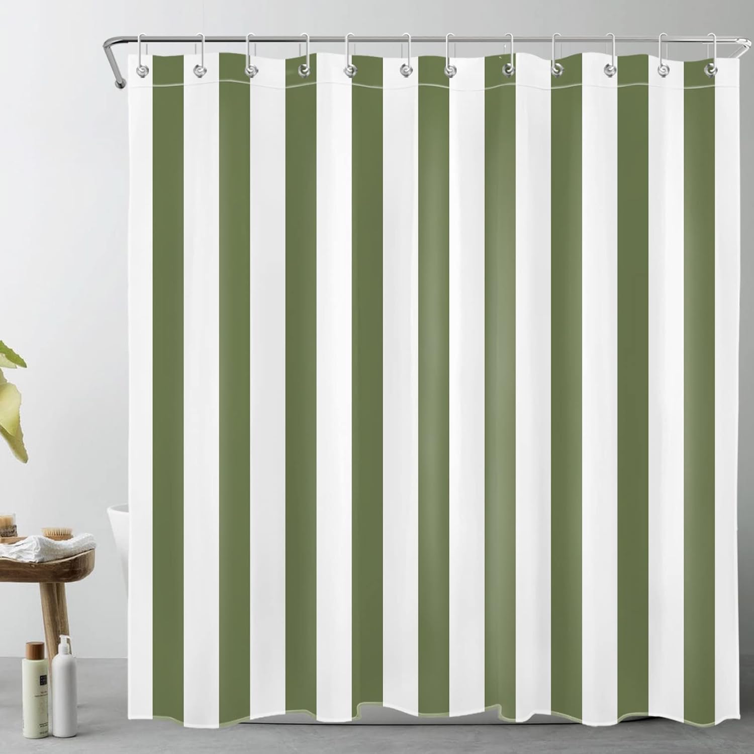 TACOKI Cortina de Ducha 120x180 Rayas Blancas Verdes Cortinas para Ducha Rayas Verticales Cortina Baño Tela Impermeable Antimoho Shower Curtain Cortinas de Baño para Bañera con 8 Ganchos #1374