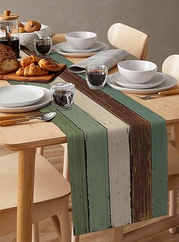 Miniatura 274 de Camino de mesa de algodón y lino estilo granja rústico retro, textura de madera de granero, color degradado marrón y gris, antideslizante,