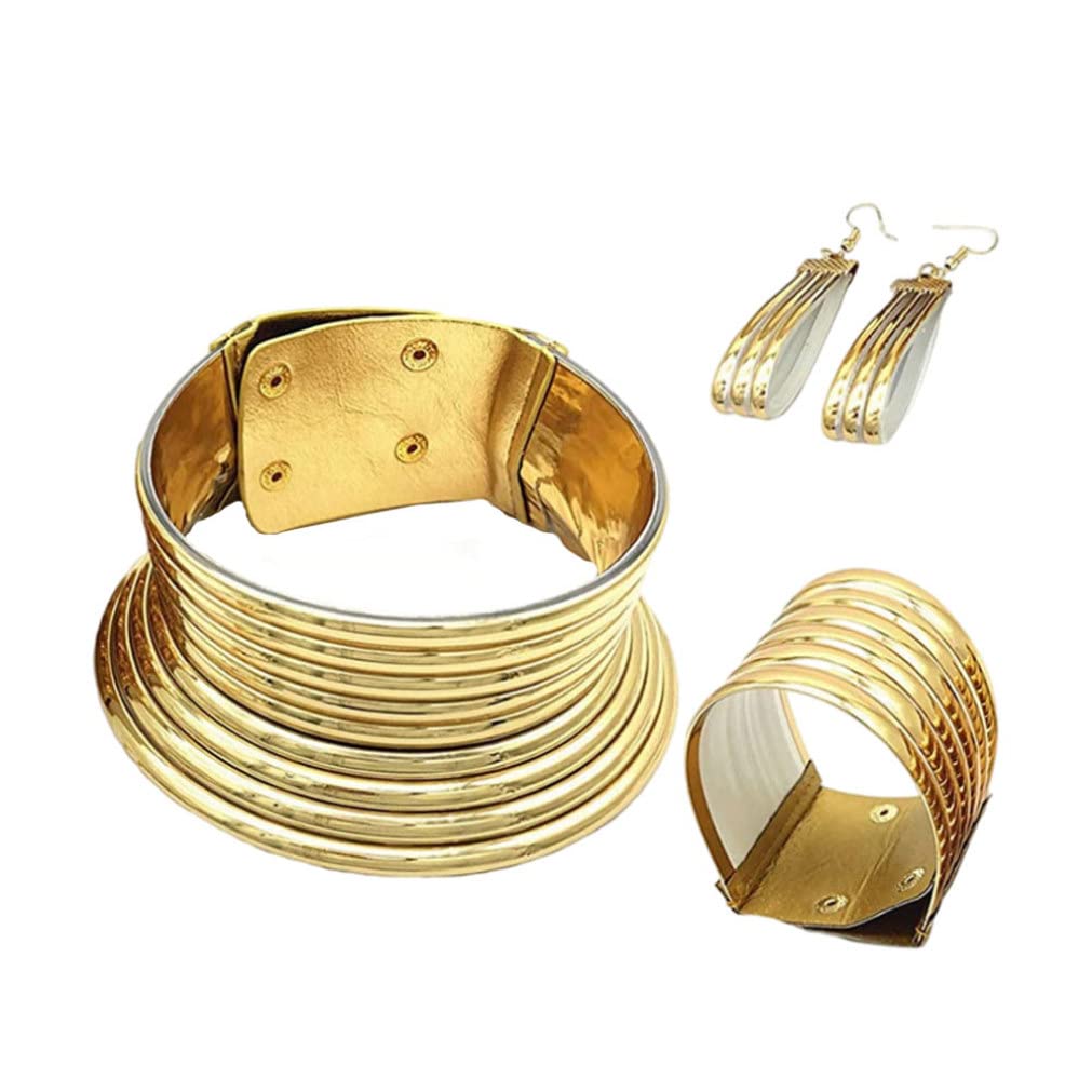 Otbushit African Choker Chunky Statement Africa National Collar Bangle Earrings for Women 3PCS Chunky Punk Necklace Jewelry Golden
