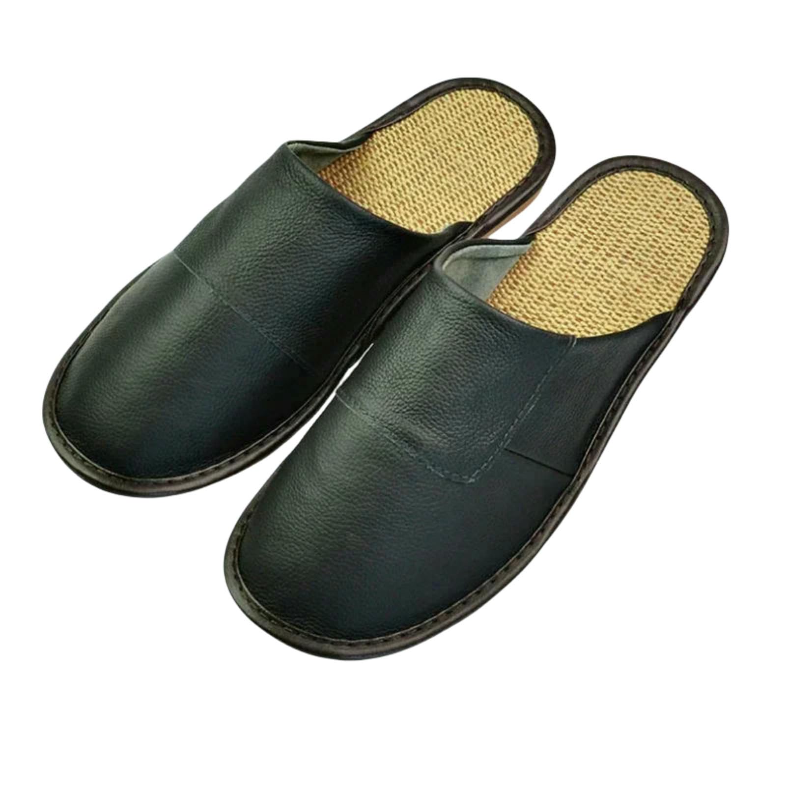 Gyios Men's Black Slippers Genuine Leather Linen Homes In Indoor Slipper Spring Autumn Wo Elderly Slides Non-Slip Casual Single Shoes-37-38