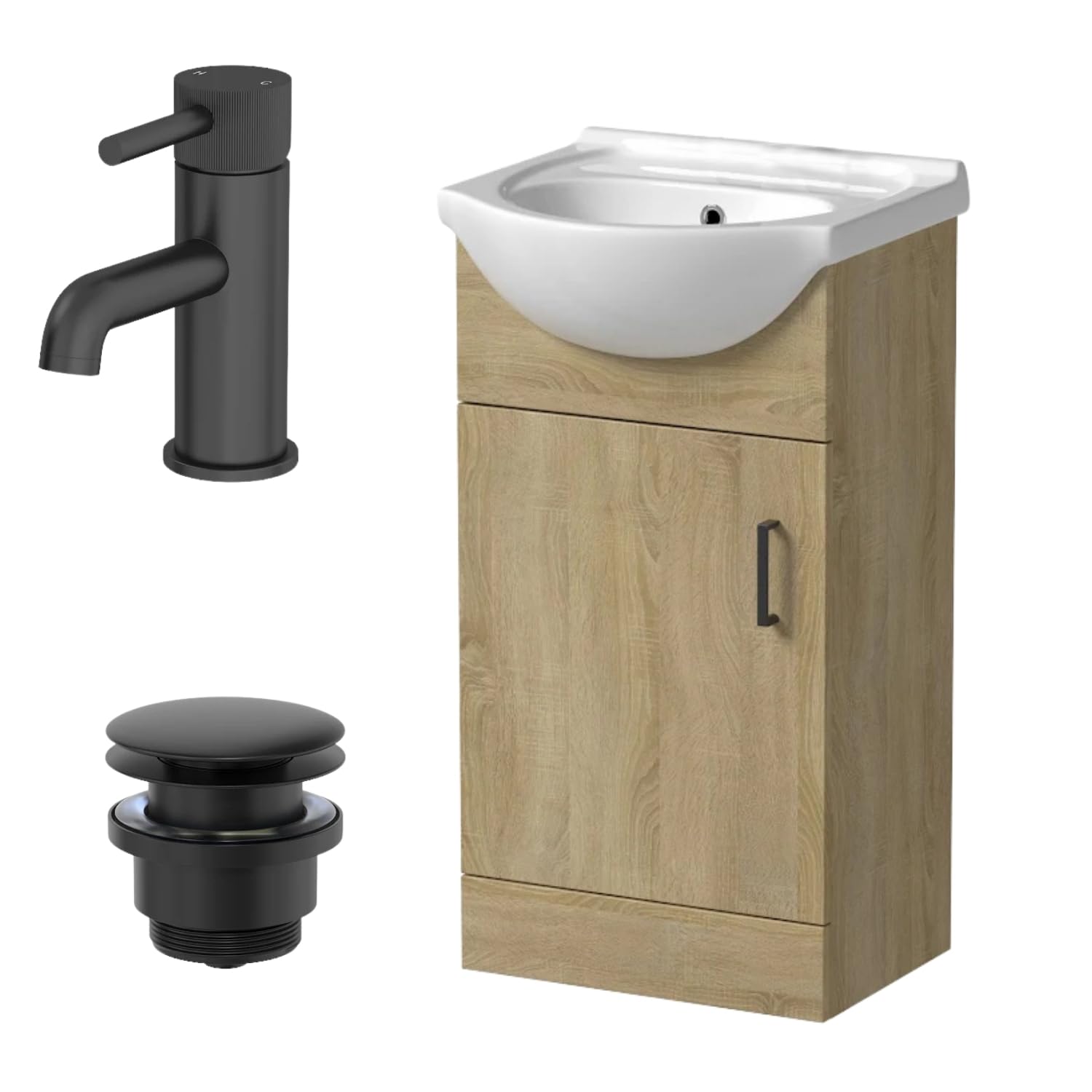 Affine® 450mm Bathroom Vanity Unit Ceramic Sink Floorstanding Storage Cabinet Cupboard & Black Fluted Basin Tap & Waste Set, Oak Effect