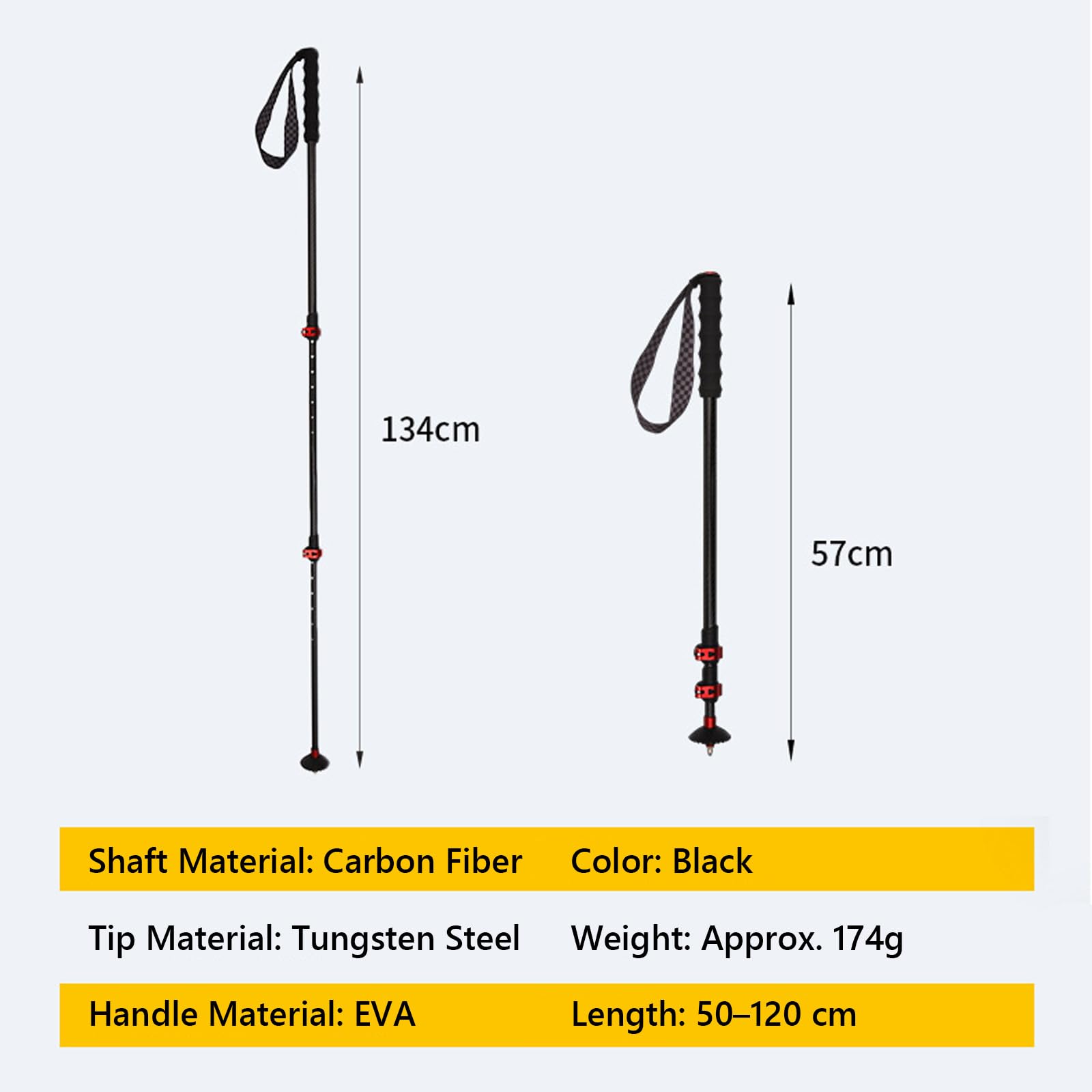 Bastones Trekking, Bastones Senderismo, Cuerpo del Bastón De Fibra De Carbono, Telescópico, Punta De Bastón De Acero Al Tungsteno, Punta para Barro, para Senderismo Viaje Alpinismo Trail, 2pcs