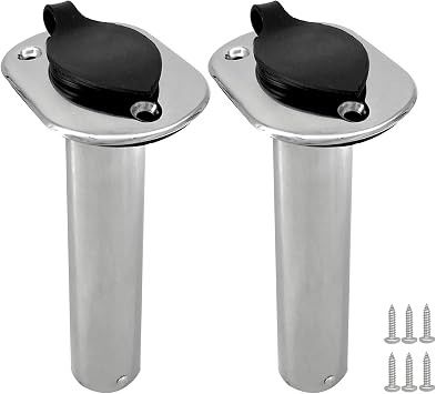ISURE MARINE 2PCS Boat Stainless Steel Polished Fishing Rod Holder Flush Mount 15/30/90 Degree Casting Flange with Rubber Cap, Liner, Gasket PVC Cap and Inner Tube for Marine Yacht Kayak