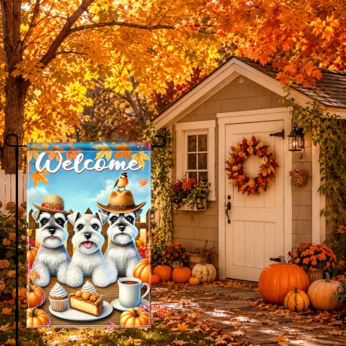 Image of BlissYard Fall Garden Flag Schnauzer Dogs Welcome Pumpkin 12x18 Inch Decor | Double sided polyester, fall Schnauzer dogs design, cozy dog lover decor for porch and yard