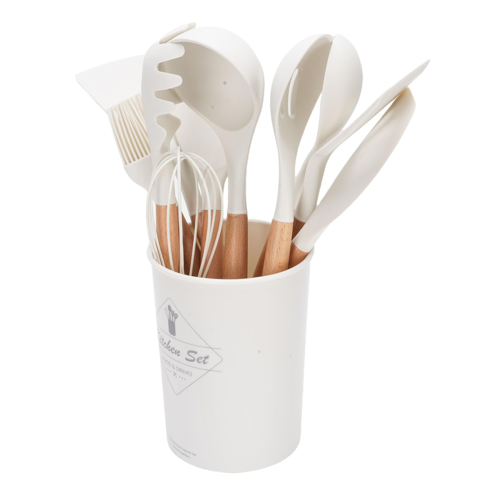 Bewinner Ensemble d'ustensiles de Cuisine en Silicone avec Support, Poignées en Bois et Conception Résistante à la Chaleur, Comprenant un Tourneur, une Spatule, une Cuillère et un Fouet pour