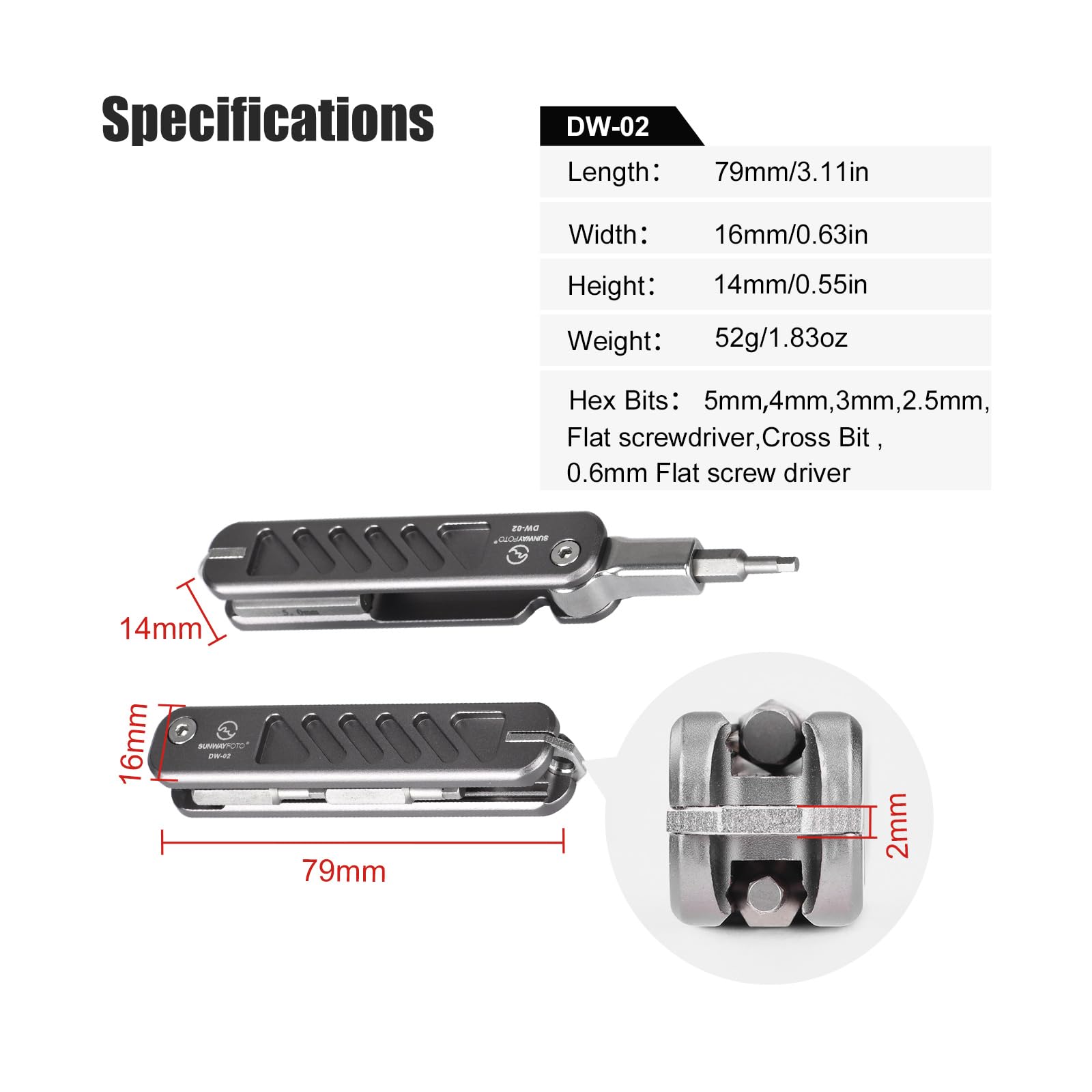SUNWAYFOTO DW-02+ składany zestaw narzędzi z kluczem imbusowym ze stali nierdzewnej 2,5/3/4/5 mm, krzyżakowy i płaski, Edc Multitool, breloczek do kluczy, śrubokręt