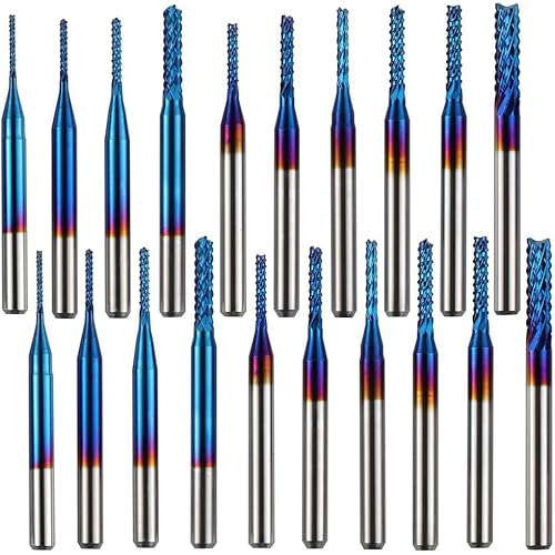 ASNOMY 20pcs End Mills CNC Spiral Router Bits, 1/8" Shank CNC Cutter Milling Carving Bit Set, Nano Blue Coat CNC End Mill Bits, Cutting Dia.1/32"-1/8"Inch