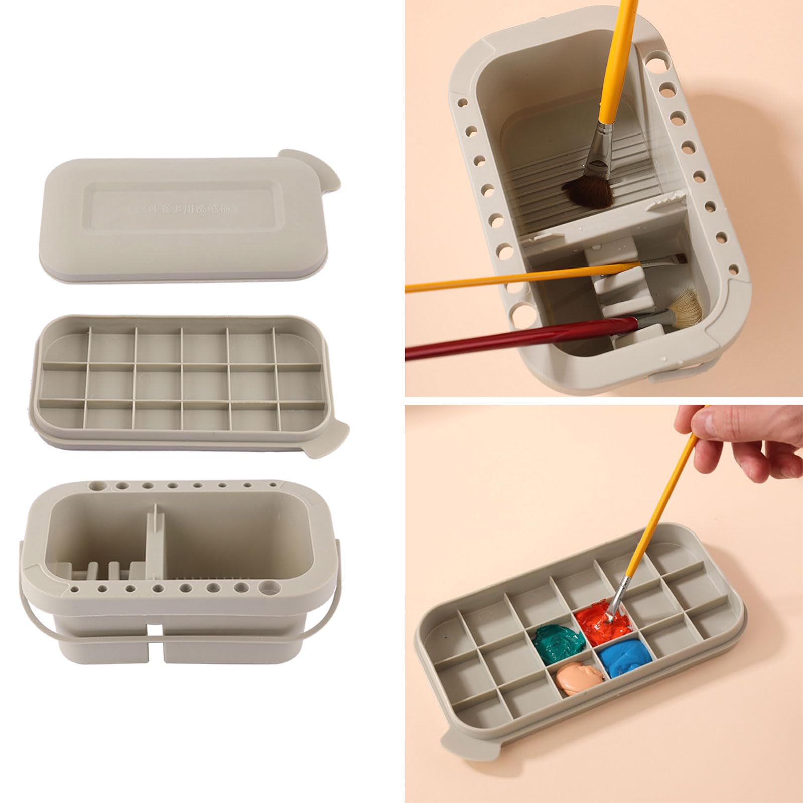 Artist Paint Brush Washer Cleaner Pots Art Paint Brush Basin Brush Tub with Lid Palettes and 16 Hole Brush Holder