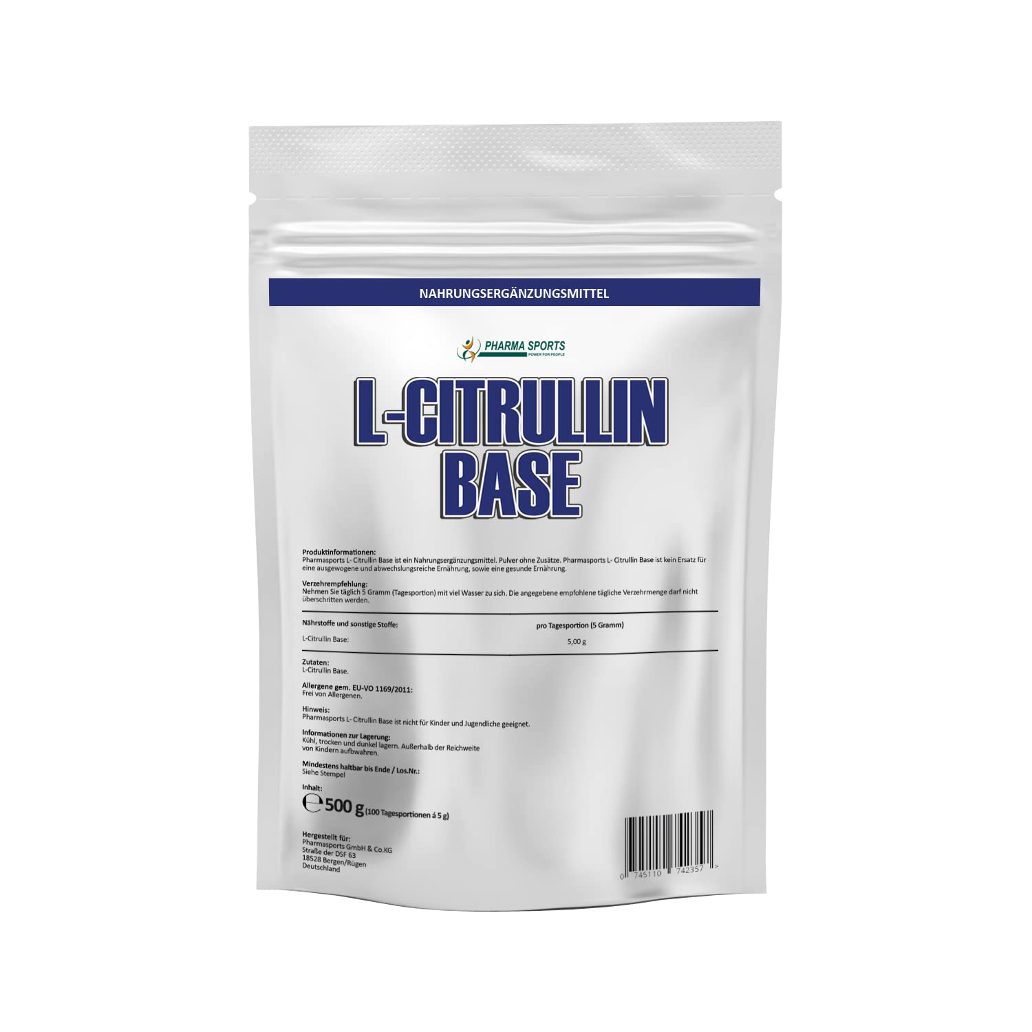 500g reines Citrullin Base 100% Pure Vegan Pulver Vitalstoff - Fitness Booster - steigert u verlängert Arginin Wirkung+Durchblutung