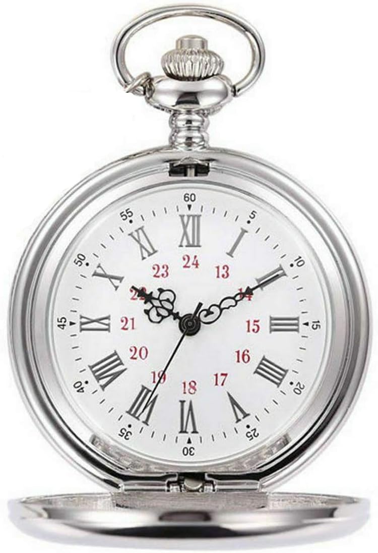 Smooth Vintage Steel Quartz Pocket Watch Classic Fob Pocket Watch with Short Chain for Men Women - Gift for Birthday Anniversary Day Christmas Fathers Day (Silver)