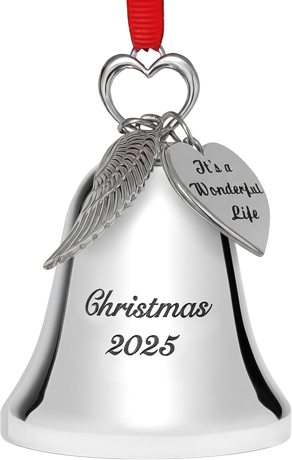 Silver Christmas Bell Ornament 2025 – Collectible Holiday Bell Engraved “Christmas 2025” with Angel Wing and “It’s A Wonderful Life” Tags – Movie Tribute Keepsake