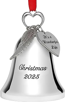 Silver Christmas Bell Ornament 2025 Collectible Holiday Bell Engraved Christmas 2025 with Angel Wing and Its A Wonderful Life Tags Movie Tribute Keepsake