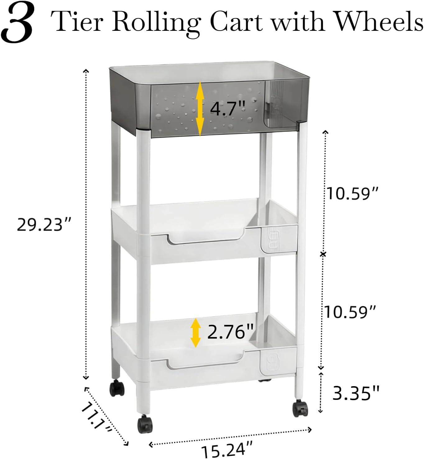 3 Tier Rolling Cart with Wheels 4.7'' Deep Baskets Bathroom Storage Shelf Heavy Duty Plastic Bedside Cart, Large Capacity Snack Stand Diaper Caddy Laundry Room Kitchen Organizer, White
