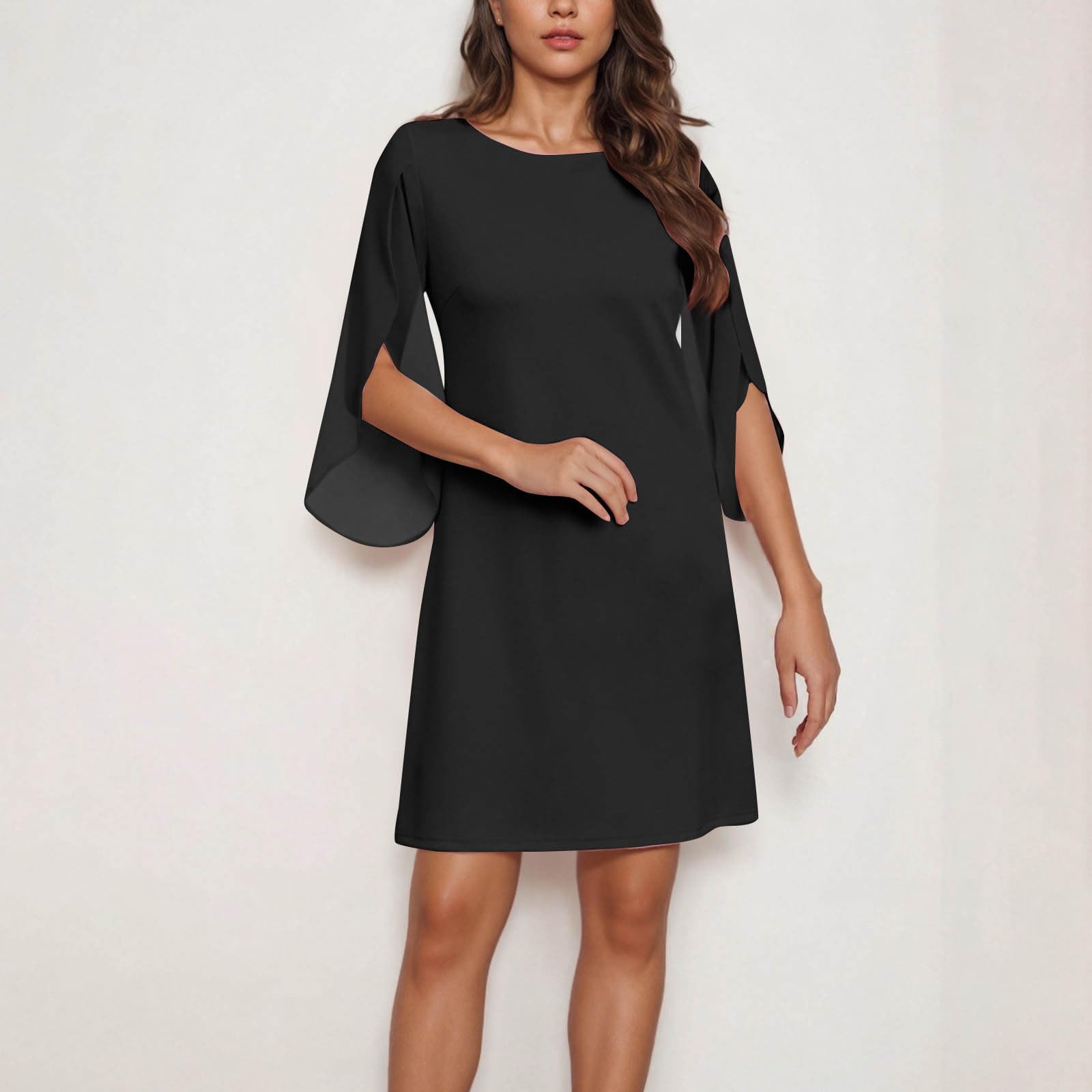 Vestido de Cóctel para Mujer Vestidos Casual de Manga 3/4 Vestido de Gasa Cuello Redondo Vestidos Midi Elegante Bodycon Vestiti de Noche para Fiesta