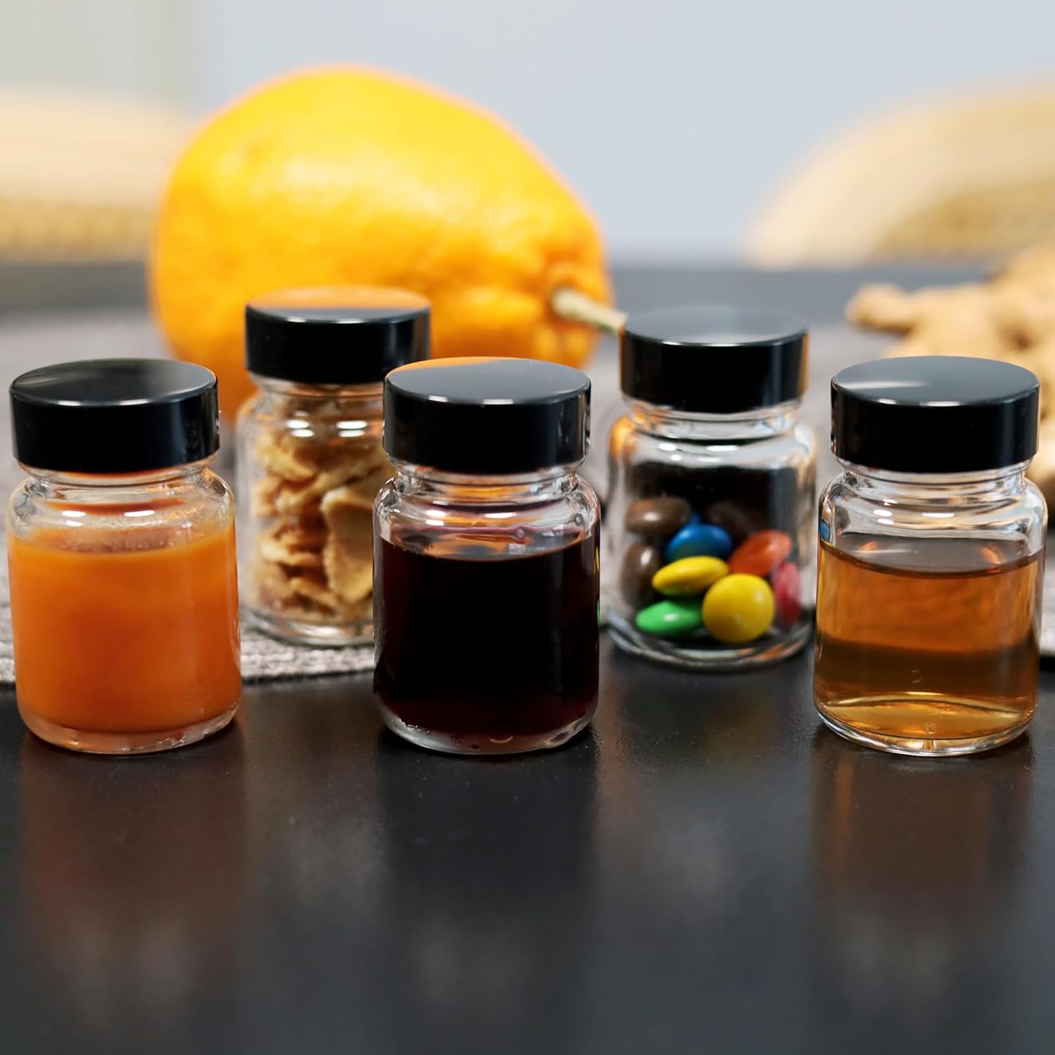1 oz Juice Glass Shot Bottles with Black Lids & Labels and Pen, Wide Mouth Small Glass Bottles for Ginger, Leakproof Travel Mini Clear Jars for Wellness Shot, Ginger Shots (10) - Image 3