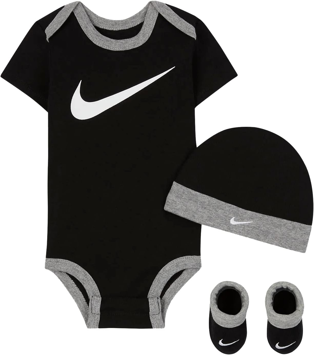 Nike Baby Boys Bodysuit, Hat and Booties 3 Piece Set (W(LN0072-023)/B, 0-6 Months)