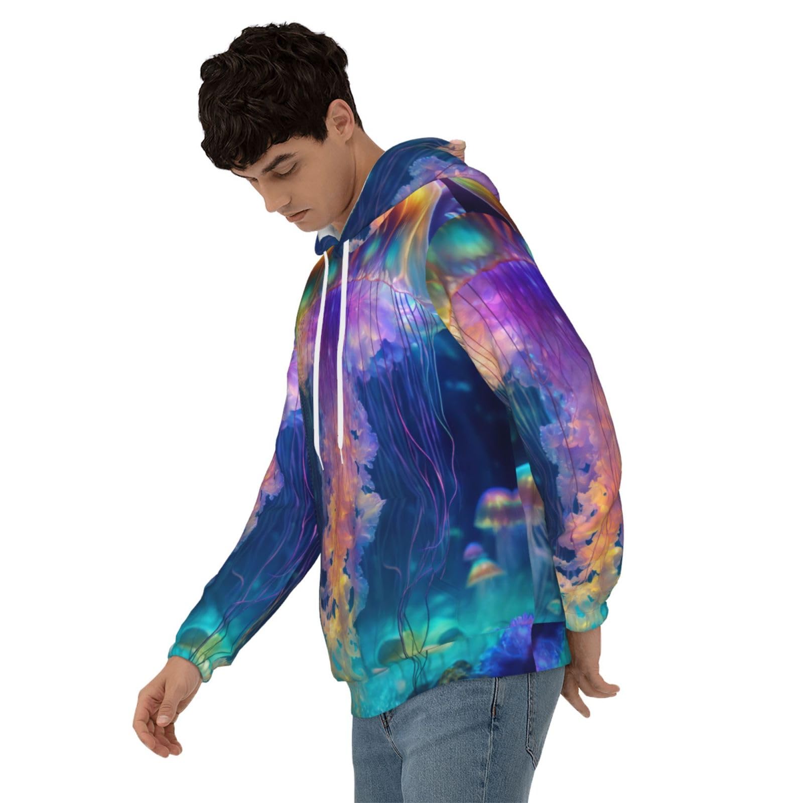 Męska bluza z kapturem z nadrukiem oceanu meduzy, casualowa grafika z nadrukiem bluzy z kapturem z kieszenią