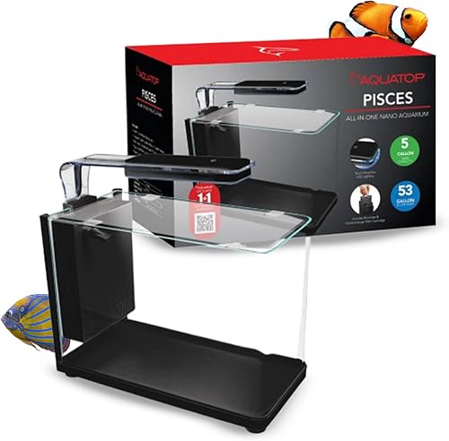 Aquatop Piscis - Acuario de cristal en forma de bala, 5 galones, 53 GPH - Kit de nano acuario, para peceras de sal y agua dulce, luz LED sensible al