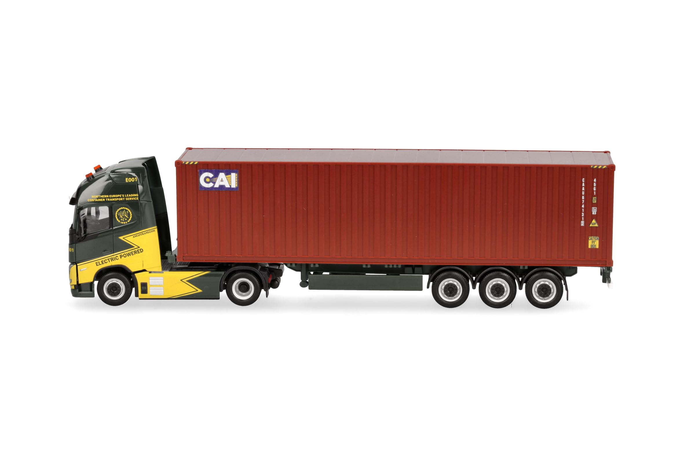 Herpa model ciężarówki Volvo FH GL XL Electric naczepa kontenerowa 40ft "Ancotrans/CAI", miniatura w skali 1:87, model kolekcjonerski, wyprodukowano w Niemczech, tworzywo sztuczne