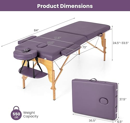 Miniatura 7 de Giantex Mesa de masaje, cama de masaje portátil con funda de transporte, 2 secciones de salón de spa, cama de tatuaje de cuidado facial, altura