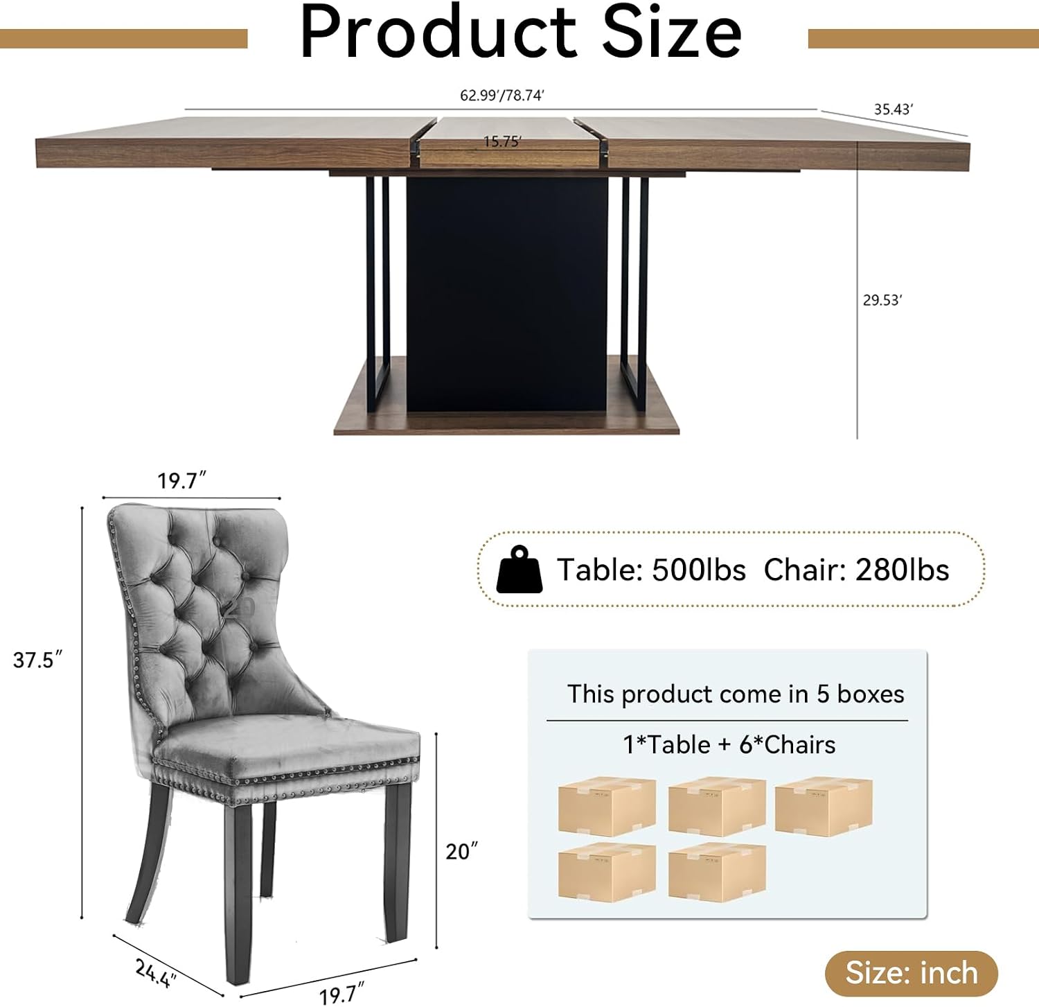 Henf 63"-79" Dining Table Set for 6, 7 Pieces Extendable Dining Table and 6 Black Tufted Chairs Set for 6, Modern Large Expandable Dining Room Table with Rectangle Wood Top & Black Sturdy Base