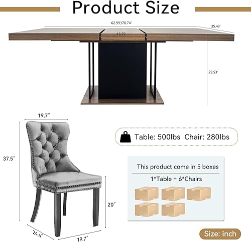 Miniatura 9 de Juego de mesa de comedor de 7 piezas, mesa de comedor expandible de 78.74 pulgadas y sillas de terciopelo gris, juego de 6 mesas de comedor Marrón y