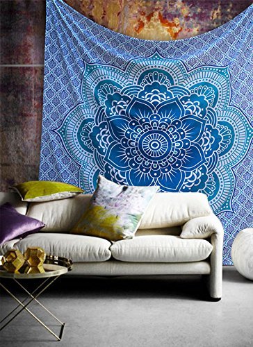 Popular Handicrafts Tapestry Wall Hanging Hippie Ombre Mandala Bohemian Hippy Psychedelic Intricate Floral Design Indian Tapestries Bedspread 54X82 Inches,(140Cmsx210Cms) Blue #TOP24