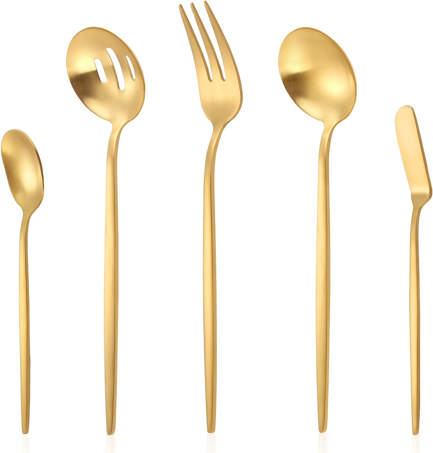 LAZAHOME Serving Utensils Set, Matte Gold 5-Piece Hostess Set, Stainless Steel Silverware Flatware Cutlery Serving Set for Dinner Parties Entertaining, Satin Finish, Dishwasher Safe