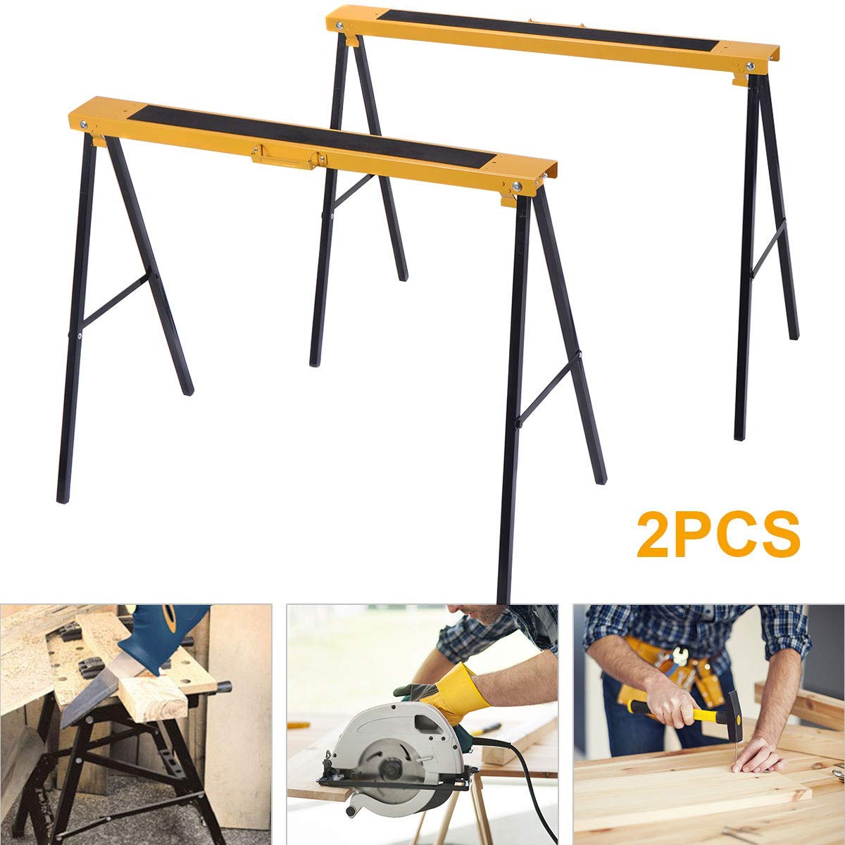 FANTASK Juego de 2 caballetes de andamio, caballete plegable, ayuda para sierra, caballete de trabajo, metal, soporte de soporte de carga hasta 275 kg, caballete plegable con asa, caballo de sierra de