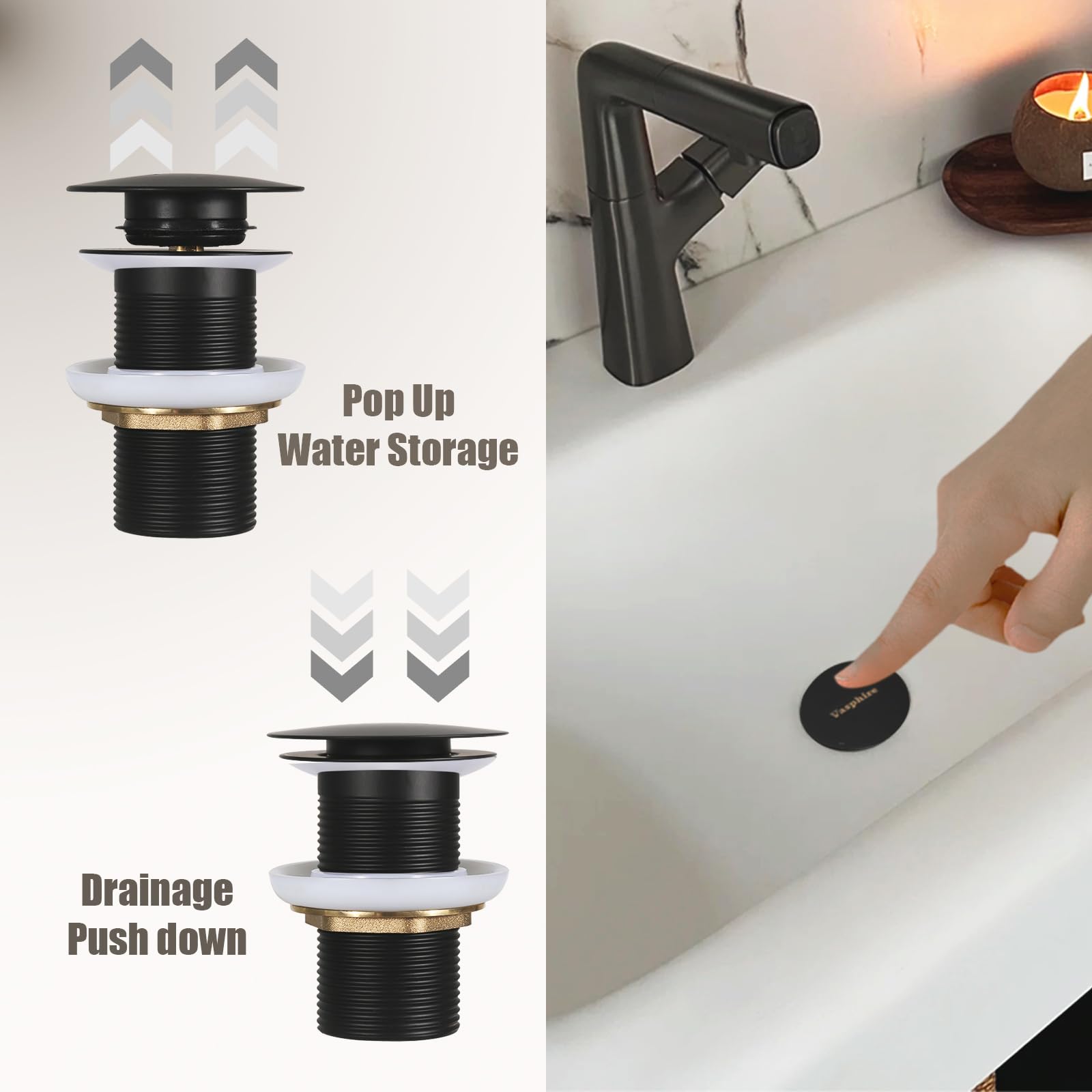 Sifón lavabo desagüe sin rebosadero – Acero inoxidable 304 Universal Sifón Lavabo Baño, Sifón Sifón Pop Up Desagüe, Sifón de Fregadero, Negro