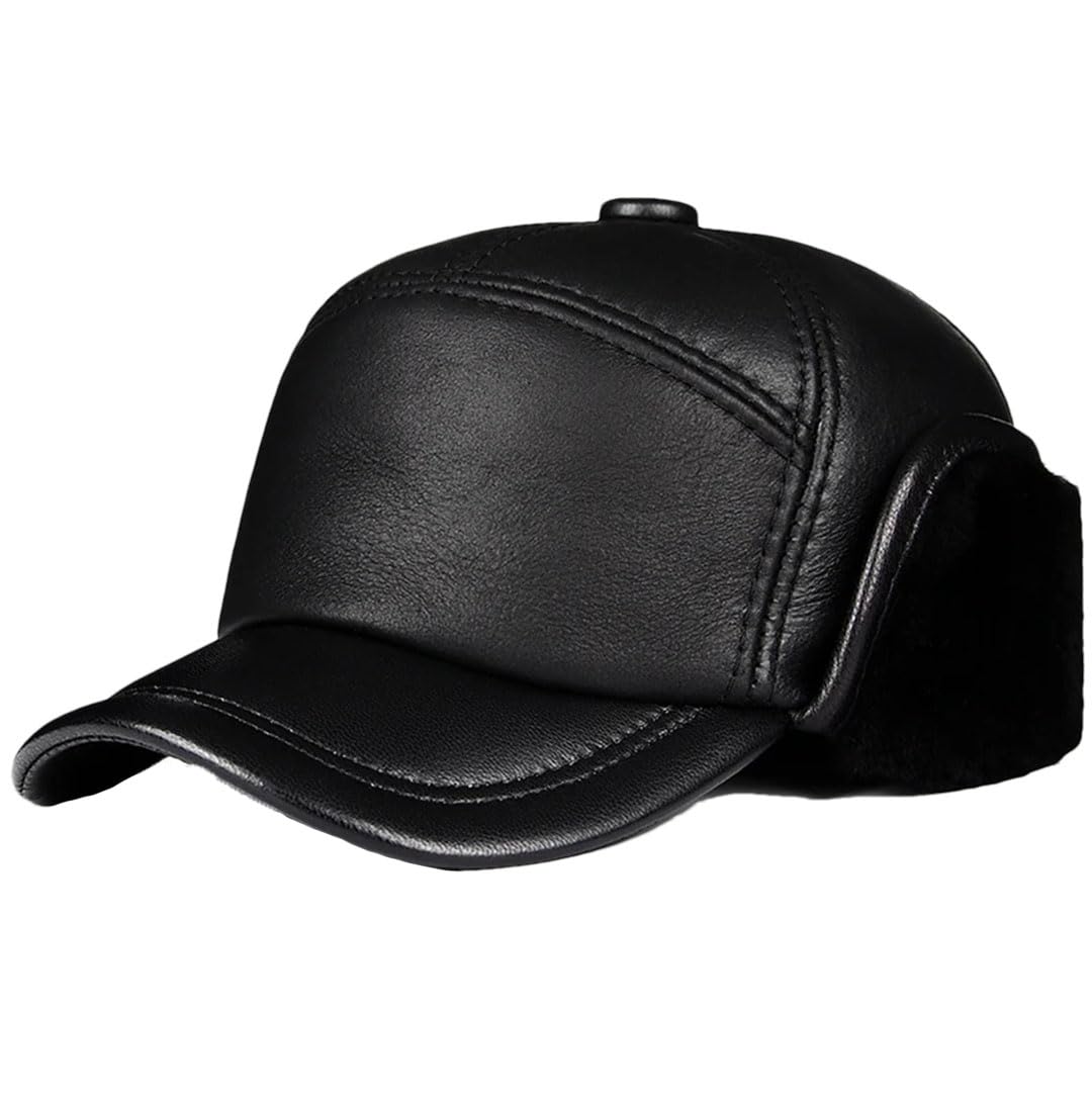 Gorro de invierno para hombre, piel de oveja auténtica, con solapa para las orejas, color negro, cálido y grueso
