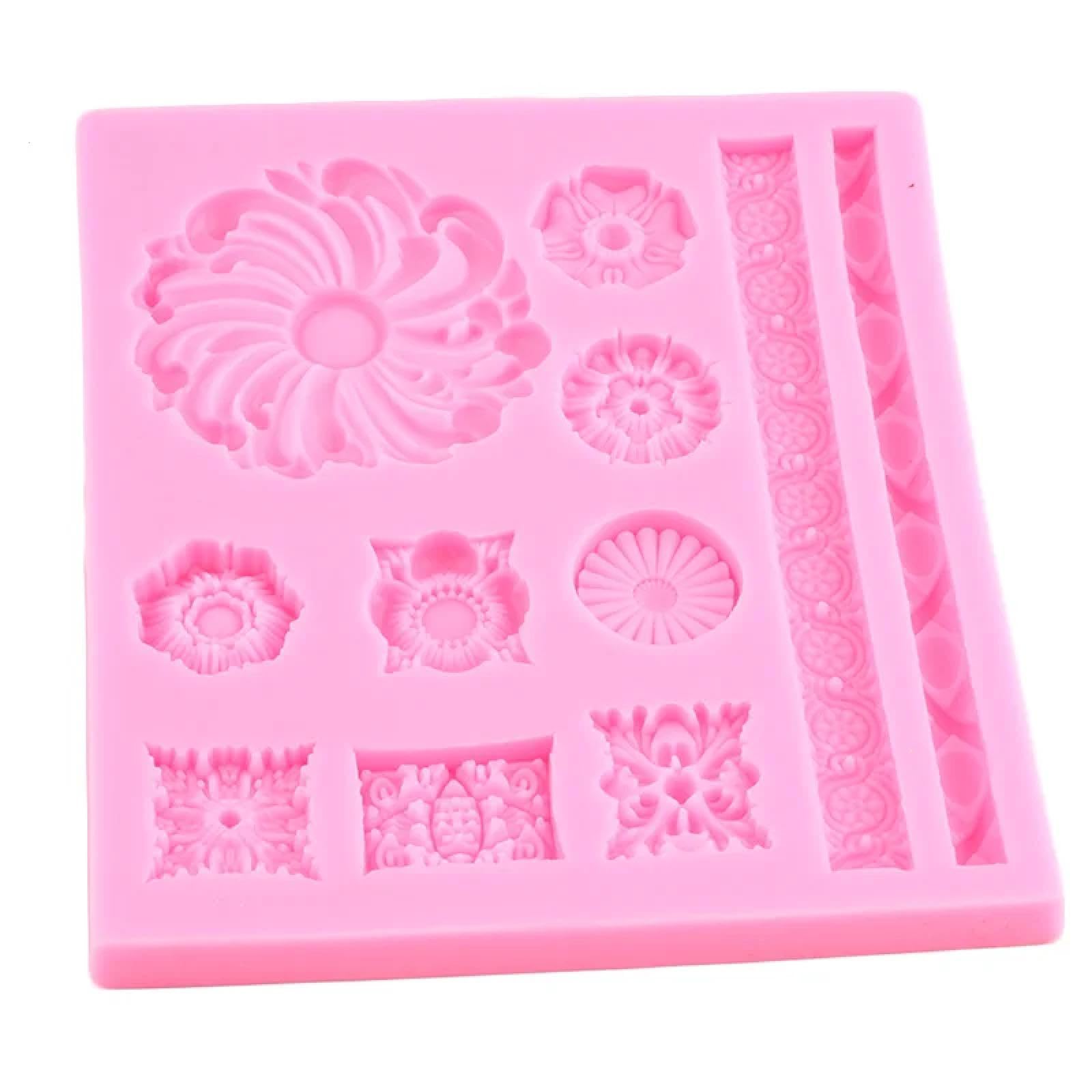 Stampi in silicone per fondente, 16,5 x 16 cm, in stile barocco, stampo in silicone con bordo floreale in rilievo, strumento per decorare torte, gioielli, cupcake, cioccolatini, caramelle