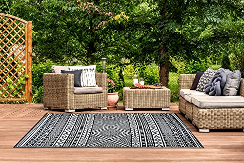 Beverly Rug Aztec Outdoor Rugs 6x9 Waterproof Boho Reversible Plastic Straw Rug Bohemian Outdoor Carpet Outside Mat for Patio Camping Picnic Porch Deck RV Beach Pool Black and White Texas